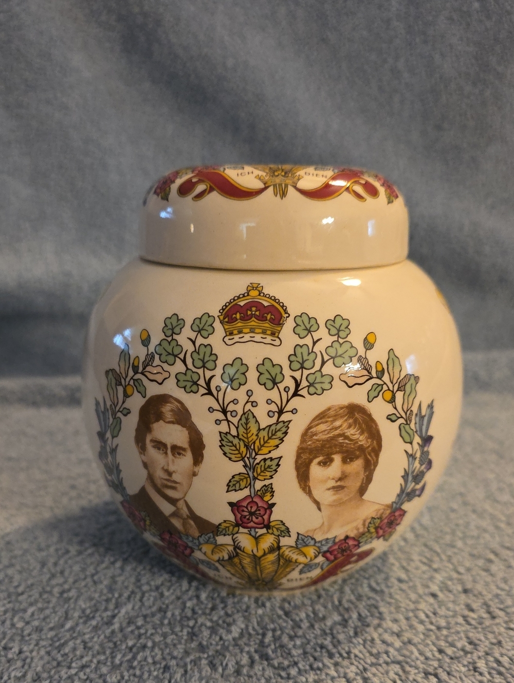 Decorative Cream Porcelain Keepsake Jar with Vintage Portrait Motif